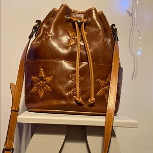 Brown Leather Bucket Bag with Drawstring Closure